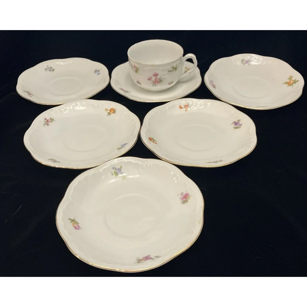 Bavaria Schumann Germany US Zone Floral Pattern 1 Teacup 6 Saucer 1940s Kitchen